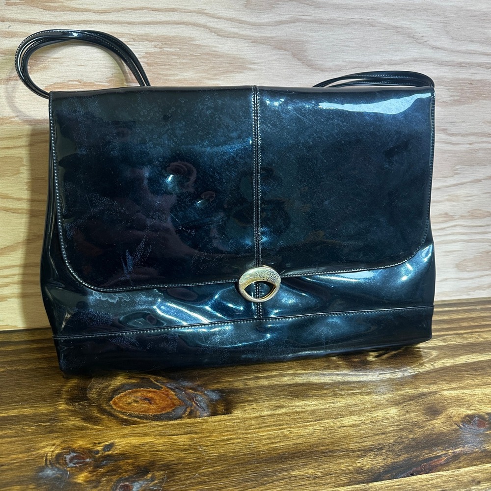 Vintage Lou Taylor Black Patent Leather Shoulder Bag with Built-in Mirror Italy
